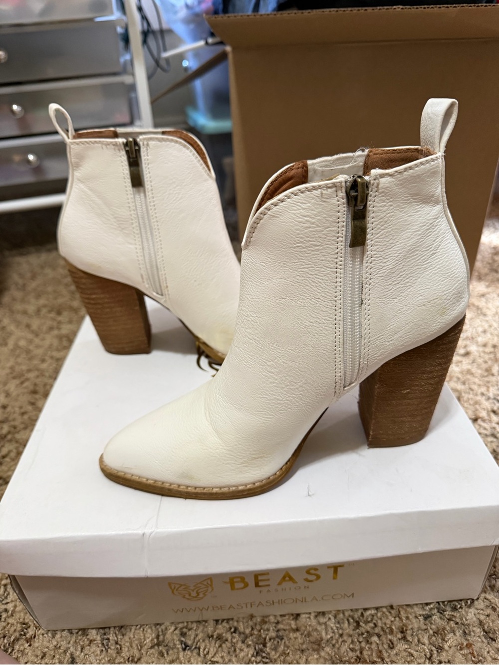 BEAST FASHION White Leather Ankle Booties with Stacked Heel